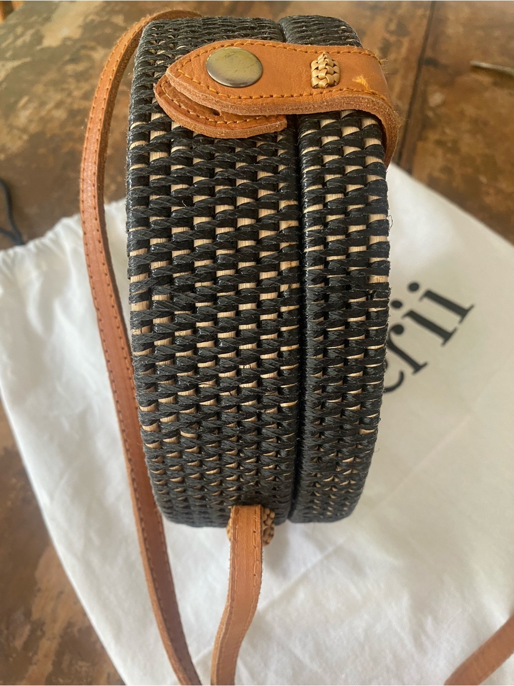 Round Canteen Navy and Natural Woven Crossbody Bag with Tan Leather Strap - Picture 4 of 8